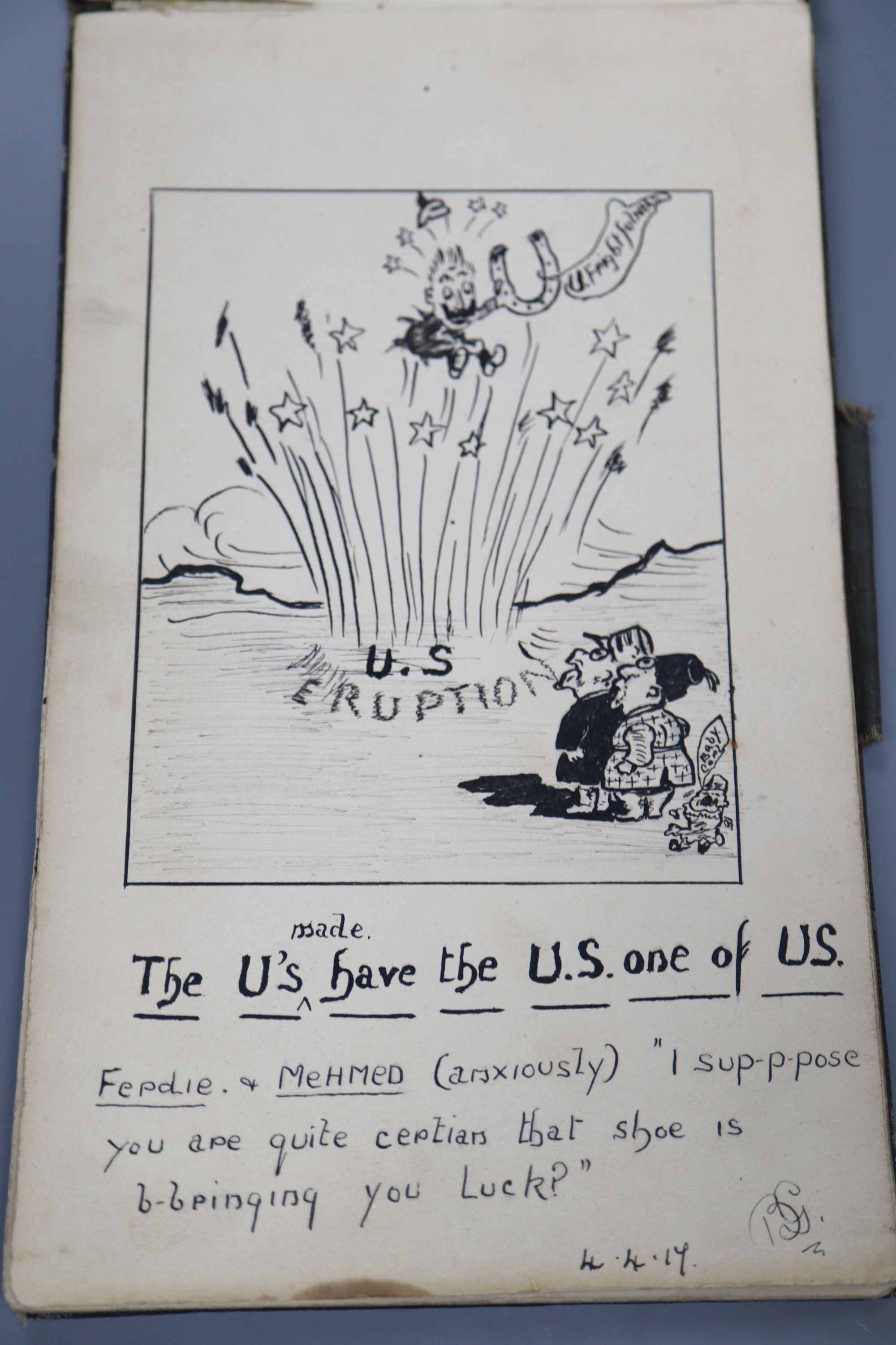 Bruce Bairnsfather interest: An early 20th century album of caricature sketches in the style of Bruce Bairnsfather, some bearing